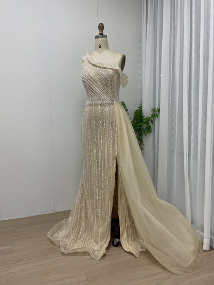 Elegant One Shoulder Sheer Beading Lace Champagne Formal Evening Gown MB40176