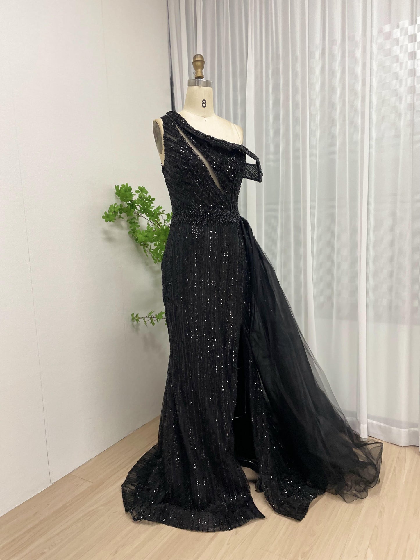 Elegant One Shoulder Sheer Beading Lace Champagne Formal Evening Gown MB40176