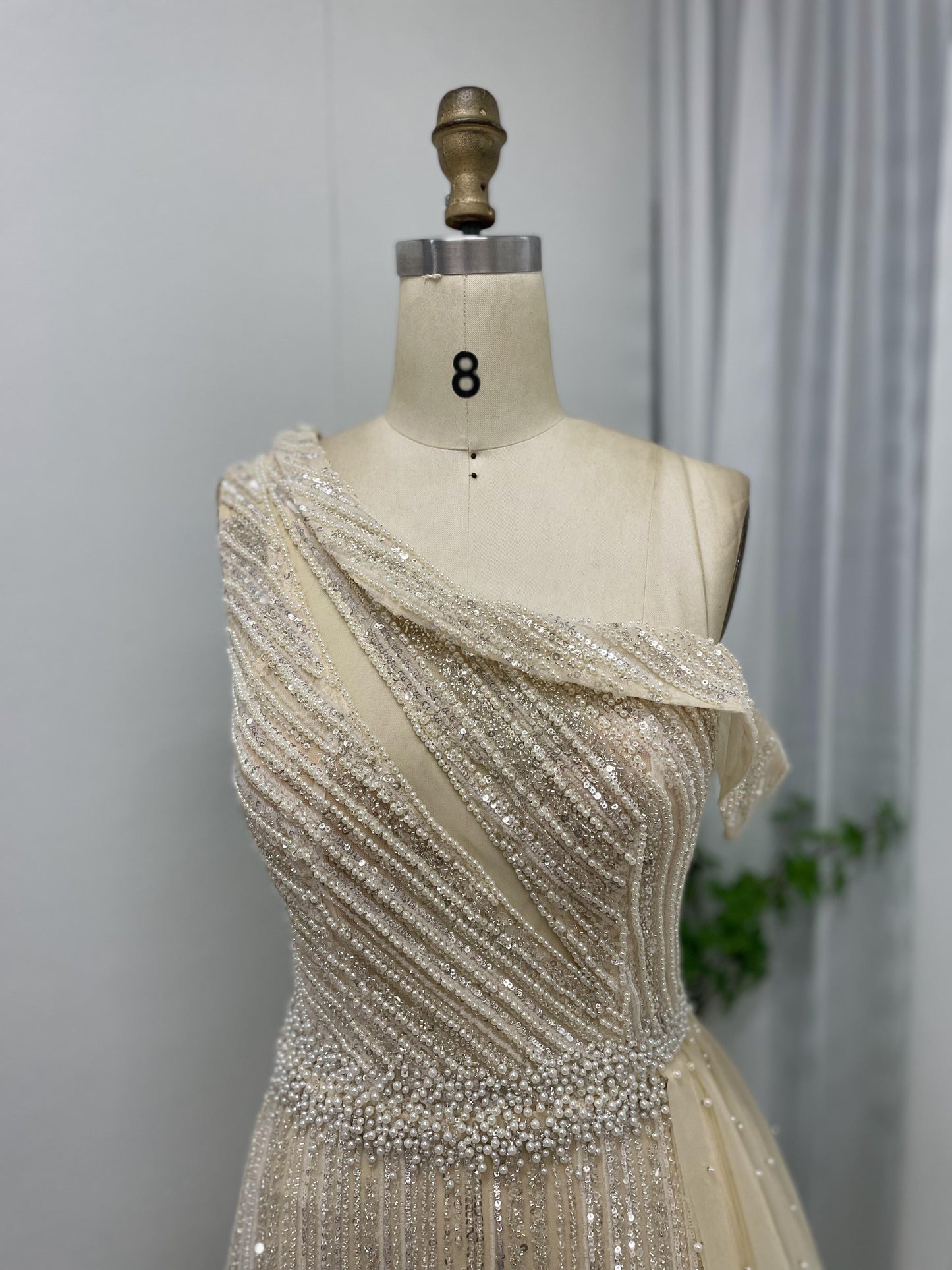 Elegant One Shoulder Sheer Beading Lace Champagne Formal Evening Gown MB40176