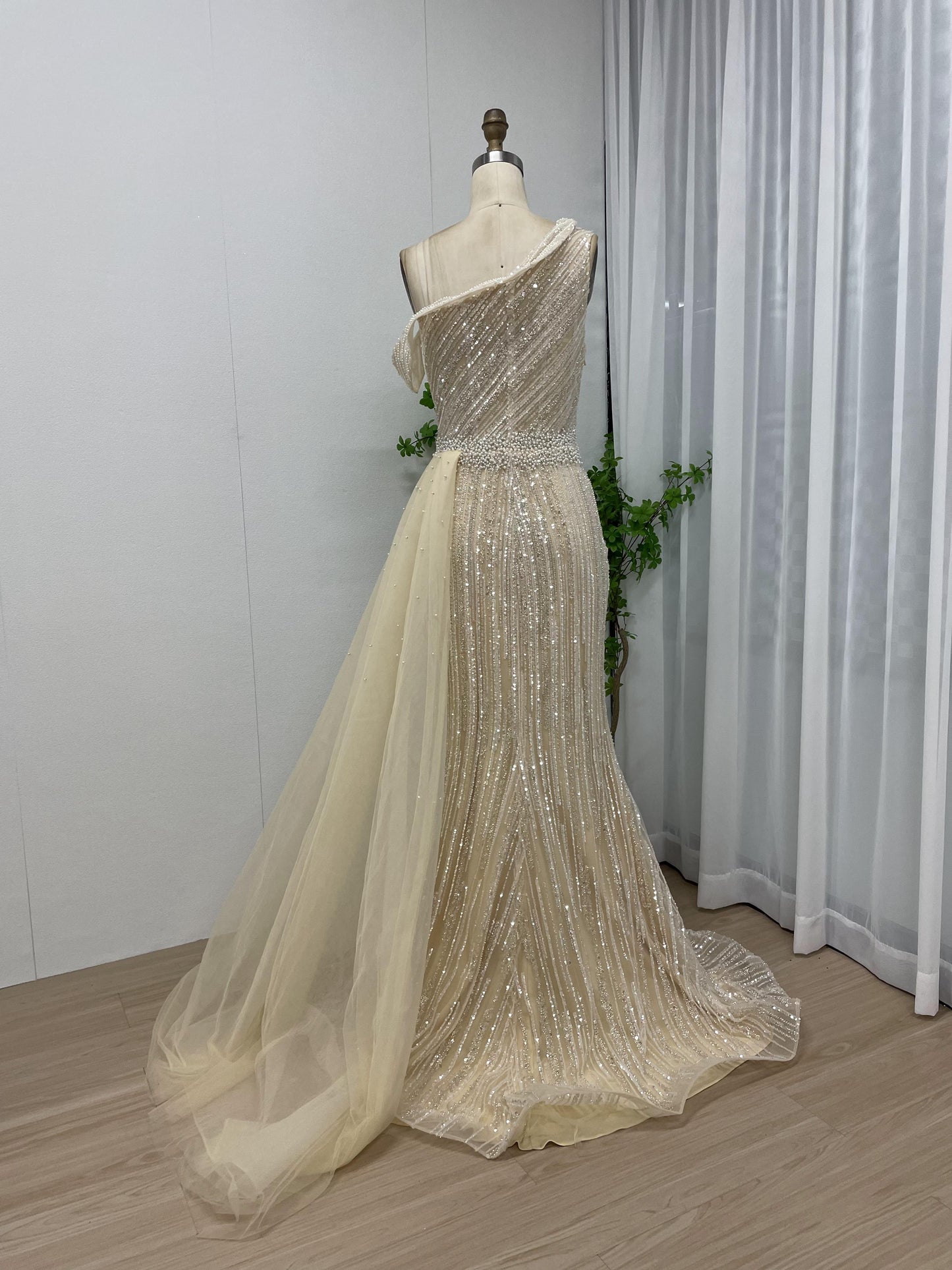 Elegant One Shoulder Sheer Beading Lace Champagne Formal Evening Gown MB40176