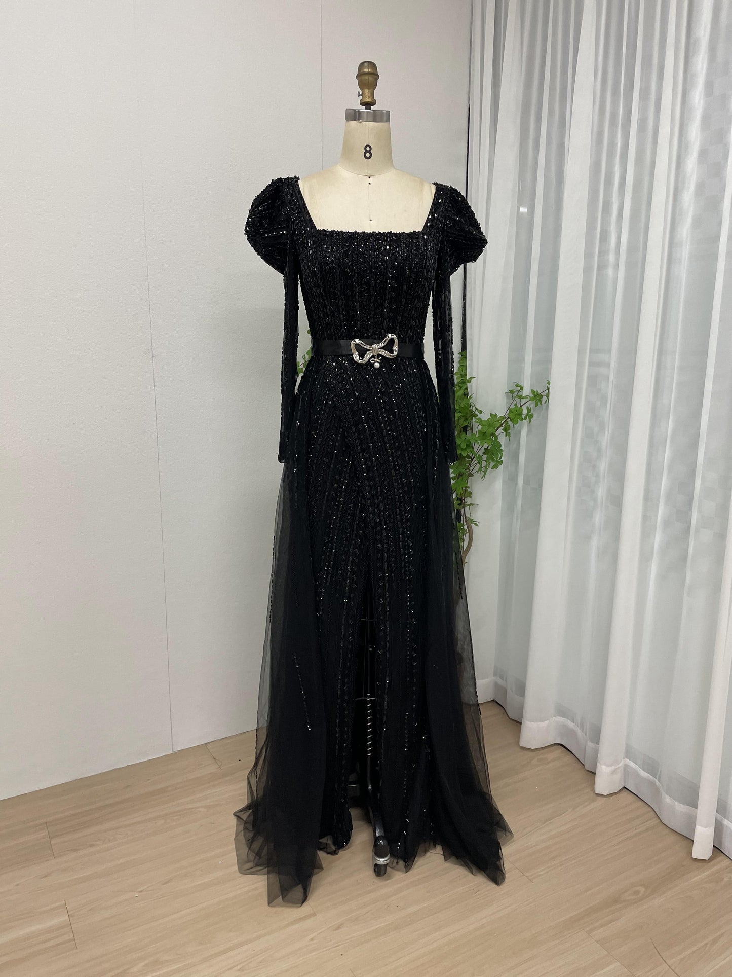 Stunning Ruffle Shoulder Handmade Beading High Split Long Sleeve Evening Dress MB40177