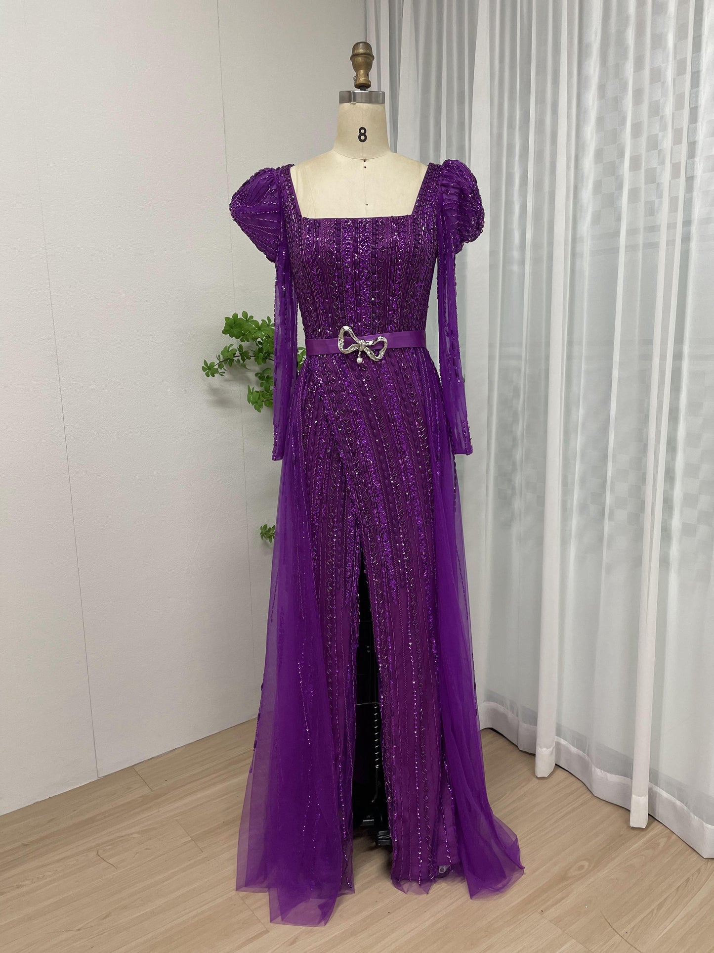 Stunning Ruffle Shoulder Handmade Beading High Split Long Sleeve Evening Dress MB40177