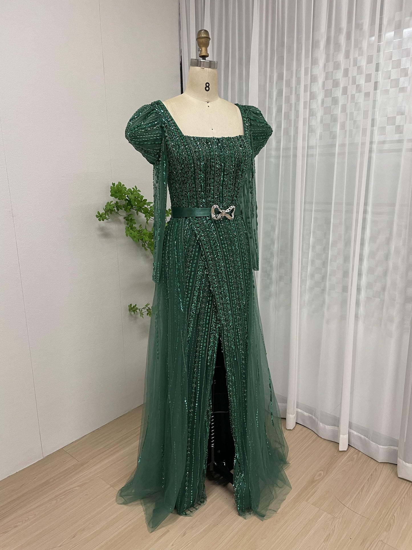 Stunning Ruffle Shoulder Handmade Beading High Split Long Sleeve Evening Dress MB40177