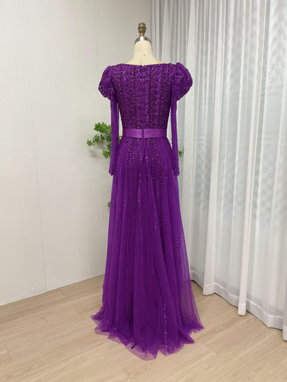 Stunning Ruffle Shoulder Handmade Beading High Split Long Sleeve Evening Dress MB40177