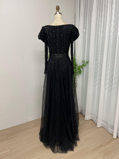 Stunning Ruffle Shoulder Handmade Beading High Split Long Sleeve Evening Dress MB40177