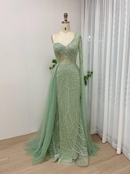 Exclusive One Shoulder Couture Beading Lace Cape Long Sleeve Evening Dress MB40178