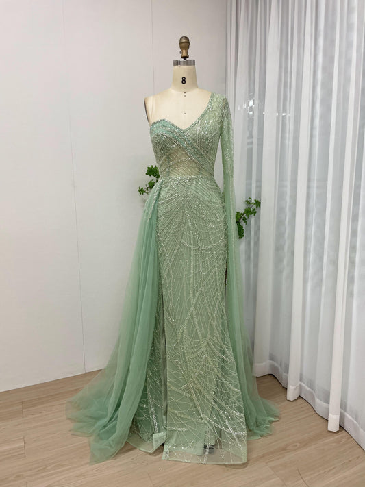 Exclusive One Shoulder Couture Beading Lace Cape Long Sleeve Evening Dress MB40178