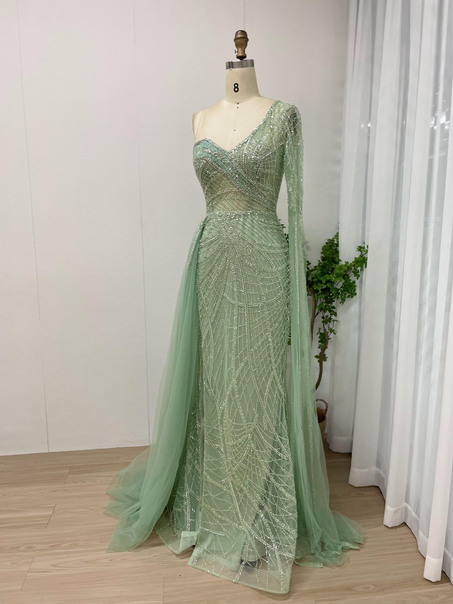 Exclusive One Shoulder Couture Beading Lace Cape Long Sleeve Evening Dress MB40178