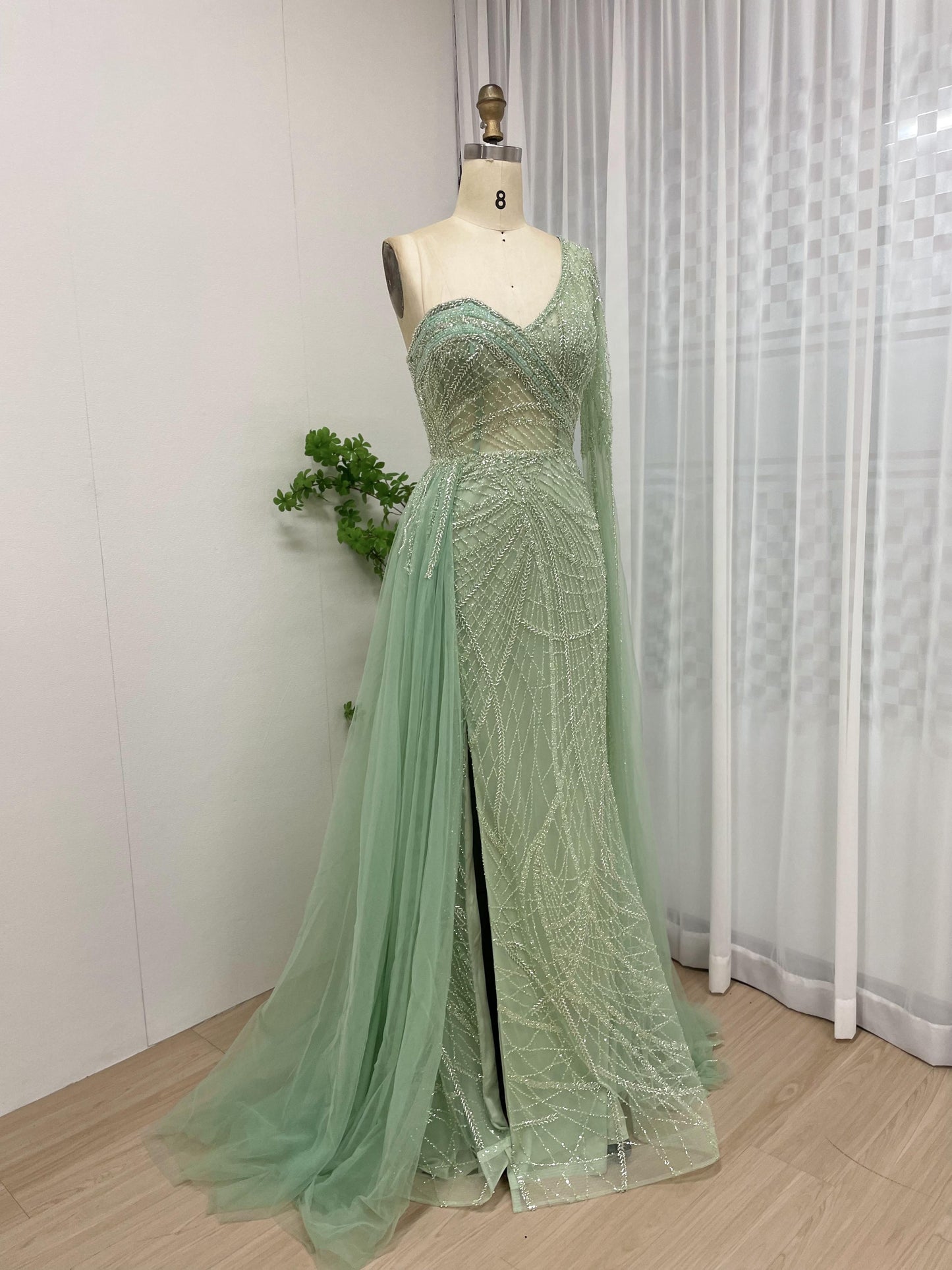 Exclusive One Shoulder Couture Beading Lace Cape Long Sleeve Evening Dress MB40178