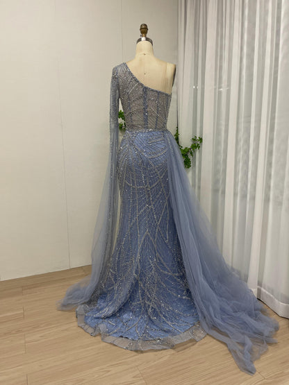 Exclusive One Shoulder Couture Beading Lace Cape Long Sleeve Evening Dress MB40178