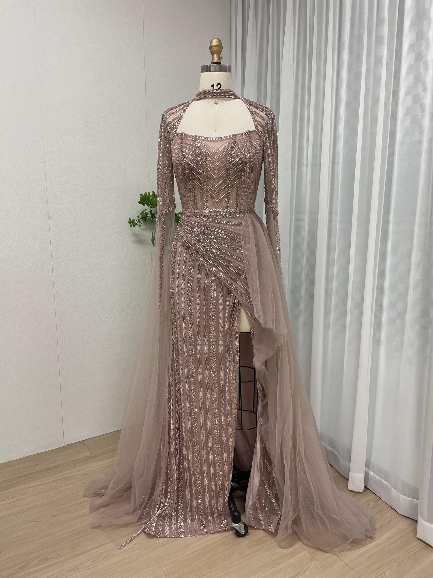 Luxurious Halter Neck Couture Beading Lace Cape Long Sleeve Evening Dress MB40179