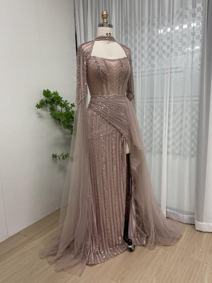 Luxurious Halter Neck Couture Beading Lace Cape Long Sleeve Evening Dress MB40179