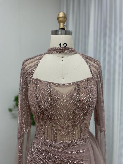 Luxurious Halter Neck Couture Beading Lace Cape Long Sleeve Evening Dress MB40179