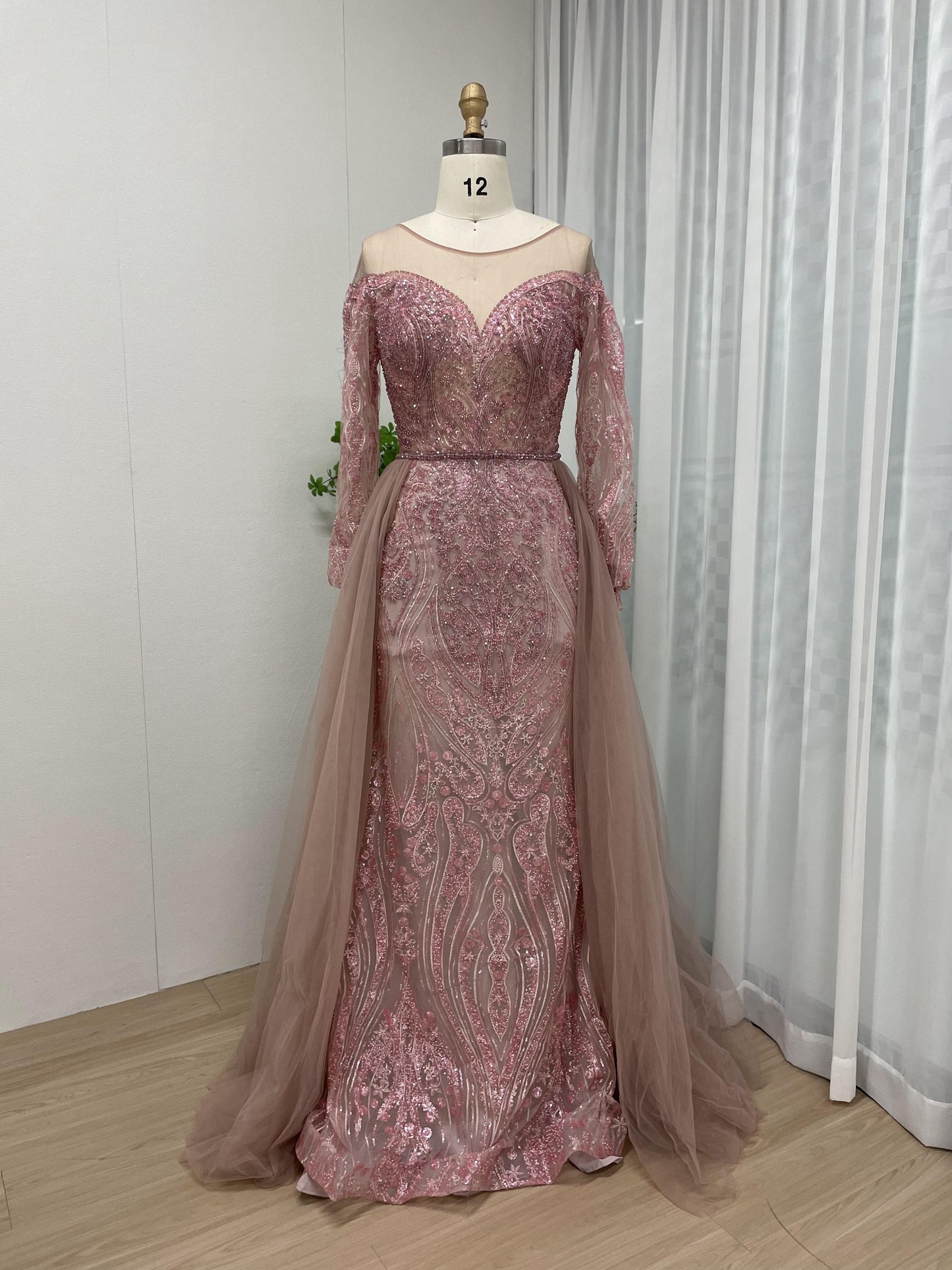 Beautiful Sheer Neck Pink Long Sleeve Beading Lace Formal Evening Gown MB40180