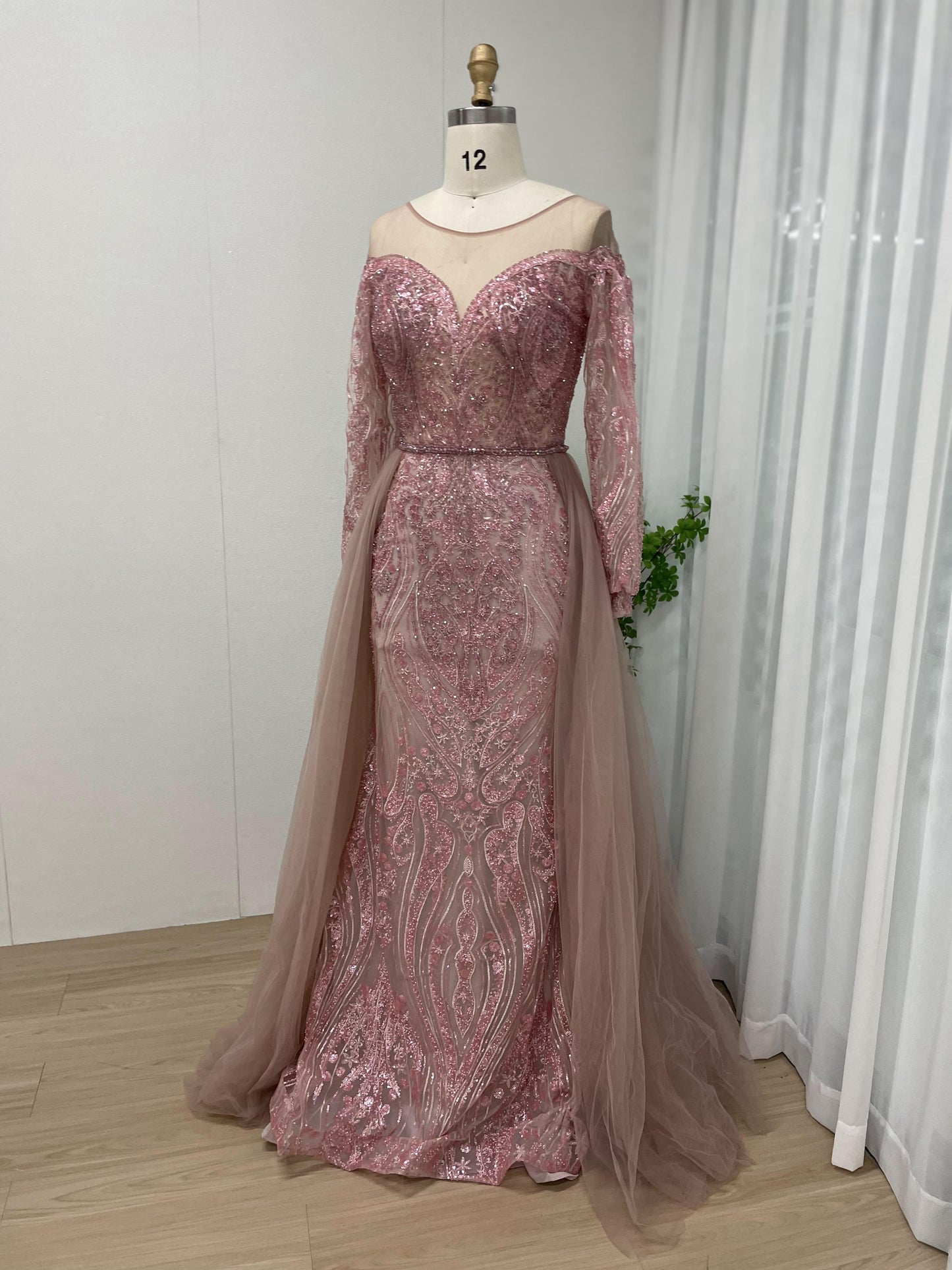 Beautiful Sheer Neck Pink Long Sleeve Beading Lace Formal Evening Gown MB40180