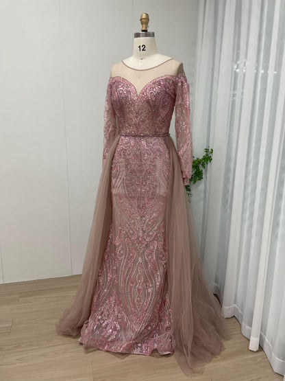 Beautiful Sheer Neck Pink Long Sleeve Beading Lace Formal Evening Gown MB40180