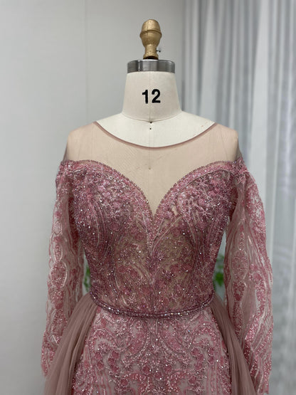 Beautiful Sheer Neck Pink Long Sleeve Beading Lace Formal Evening Gown MB40180