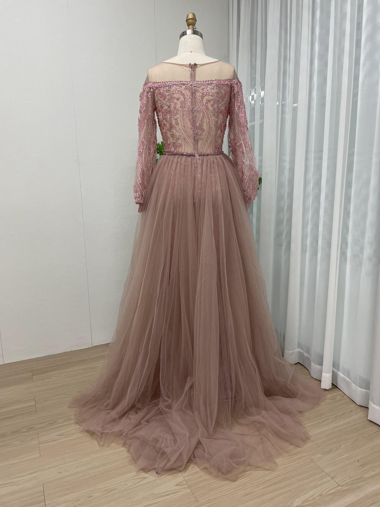 Beautiful Sheer Neck Pink Long Sleeve Beading Lace Formal Evening Gown MB40180