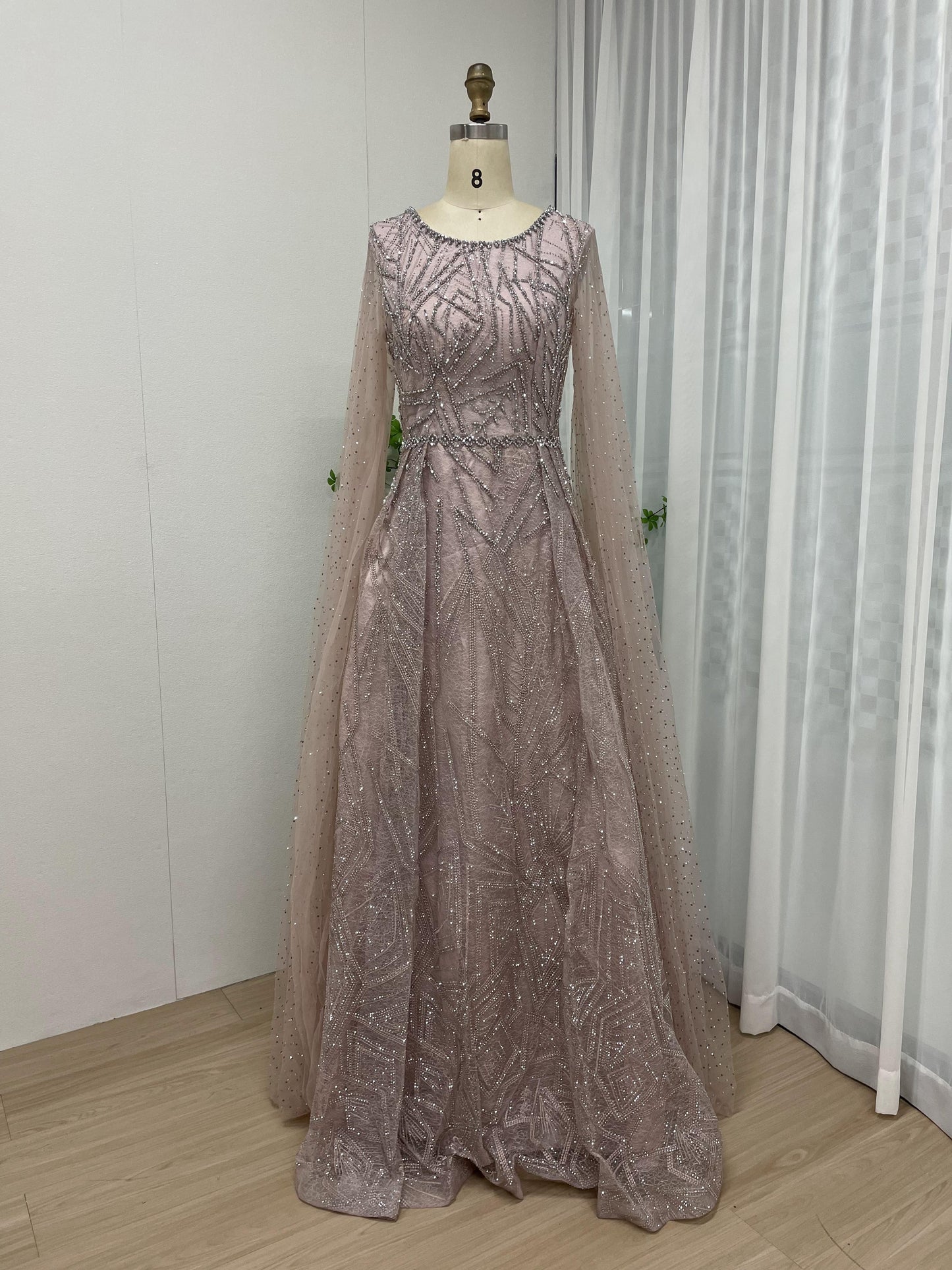 Glamorous Round Neck Couture Beading Lace A Line Cape Long Sleeve Evening Dress MB40181