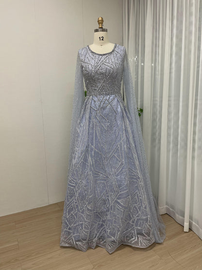 Glamorous Round Neck Couture Beading Lace A Line Cape Long Sleeve Evening Dress MB40181