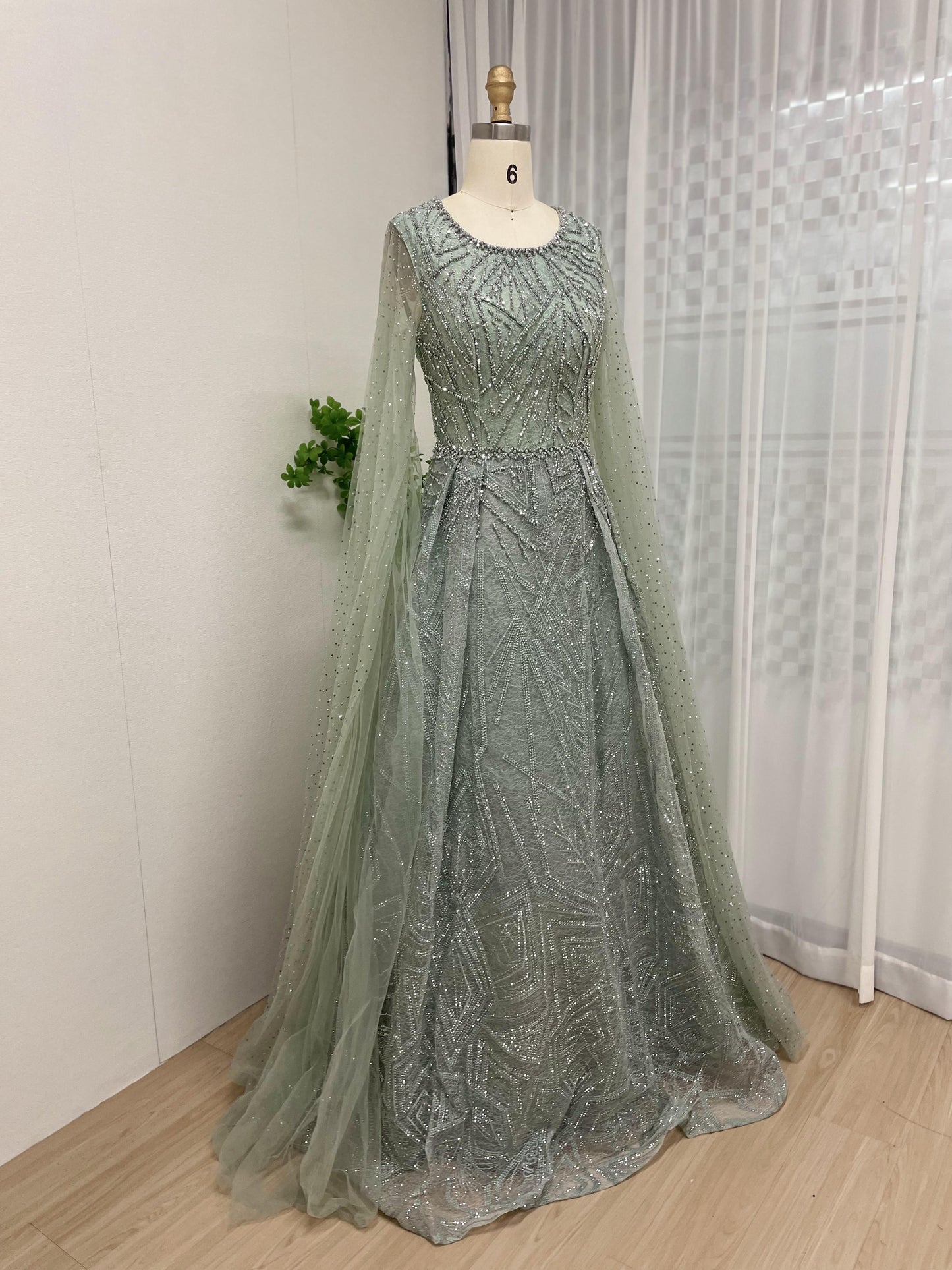 Glamorous Round Neck Couture Beading Lace A Line Cape Long Sleeve Evening Dress MB40181