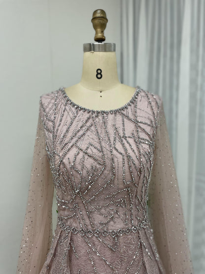 Glamorous Round Neck Couture Beading Lace A Line Cape Long Sleeve Evening Dress MB40181