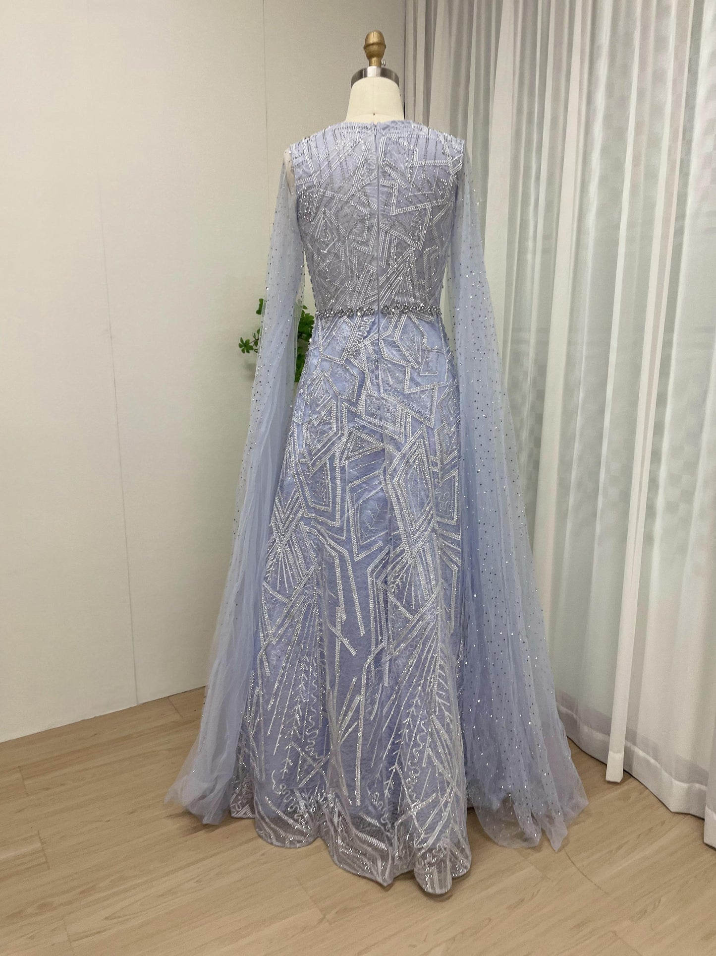 Glamorous Round Neck Couture Beading Lace A Line Cape Long Sleeve Evening Dress MB40181