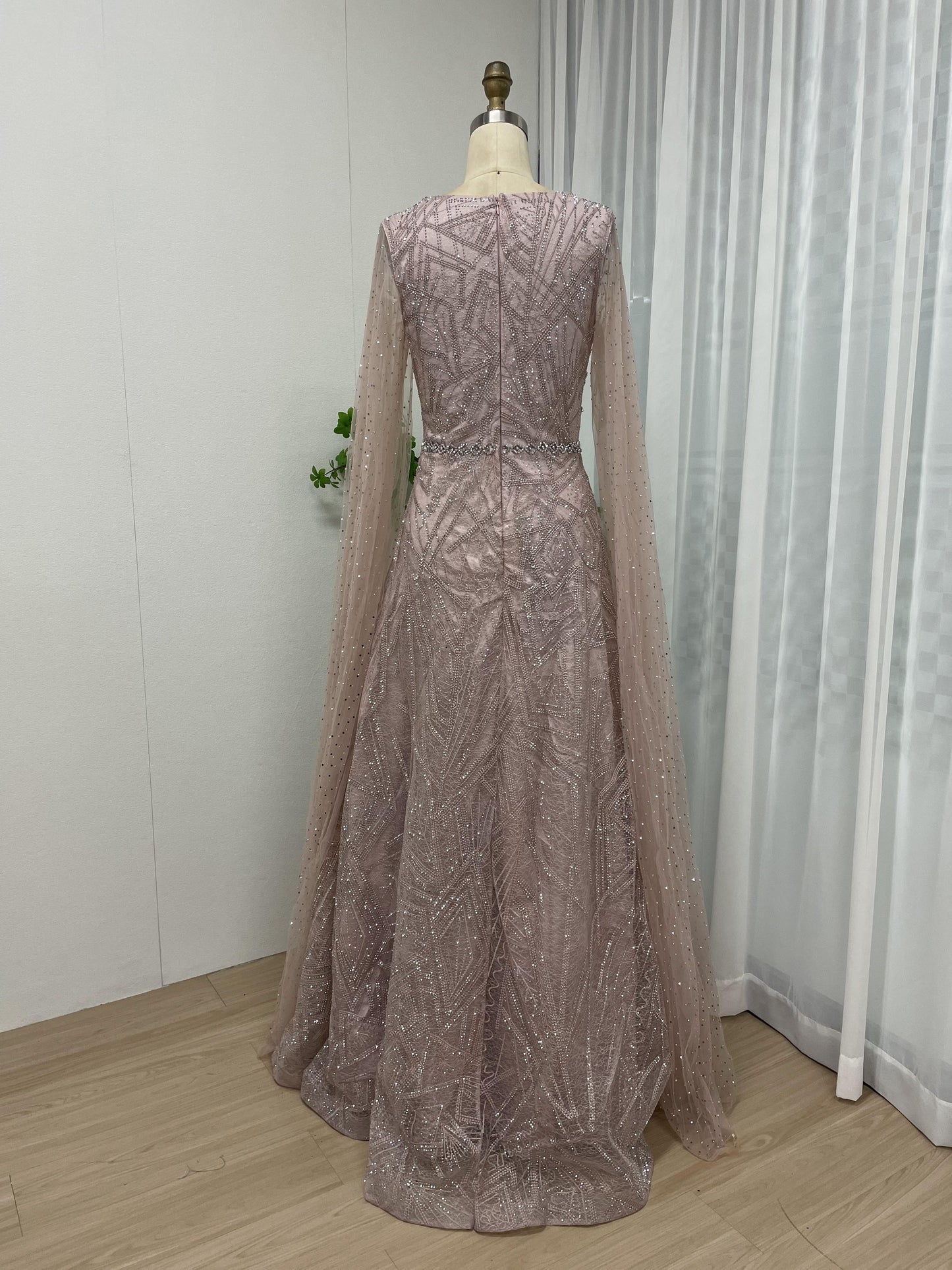 Glamorous Round Neck Couture Beading Lace A Line Cape Long Sleeve Evening Dress MB40181