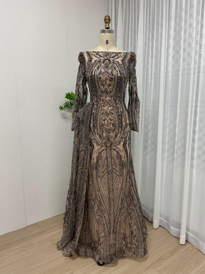 Elegant Couture Beading Lace Wedding Party Long Sleeve Evening Dress MB40182