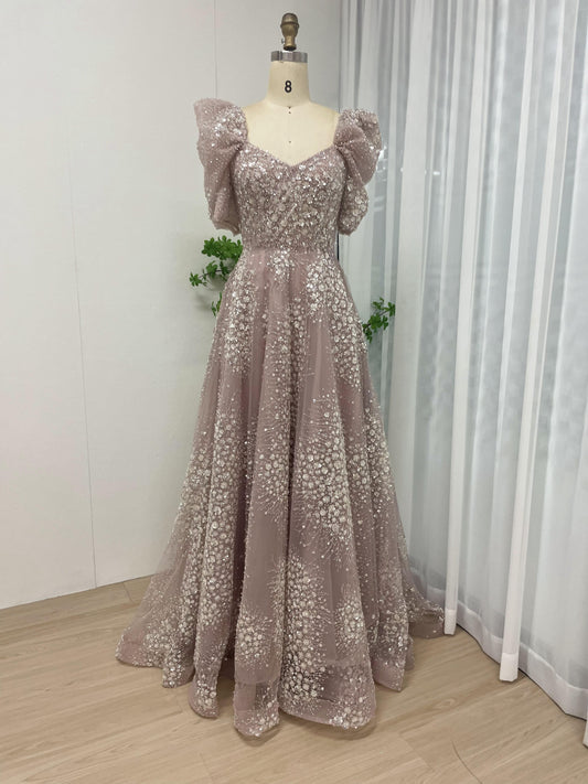 Dramatic Beading Lace A Line Puff Sleeve Evening Dress MB40184