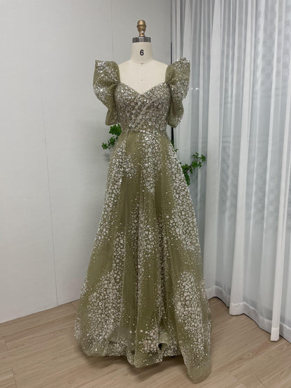 Dramatic Beading Lace A Line Puff Sleeve Evening Dress MB40184