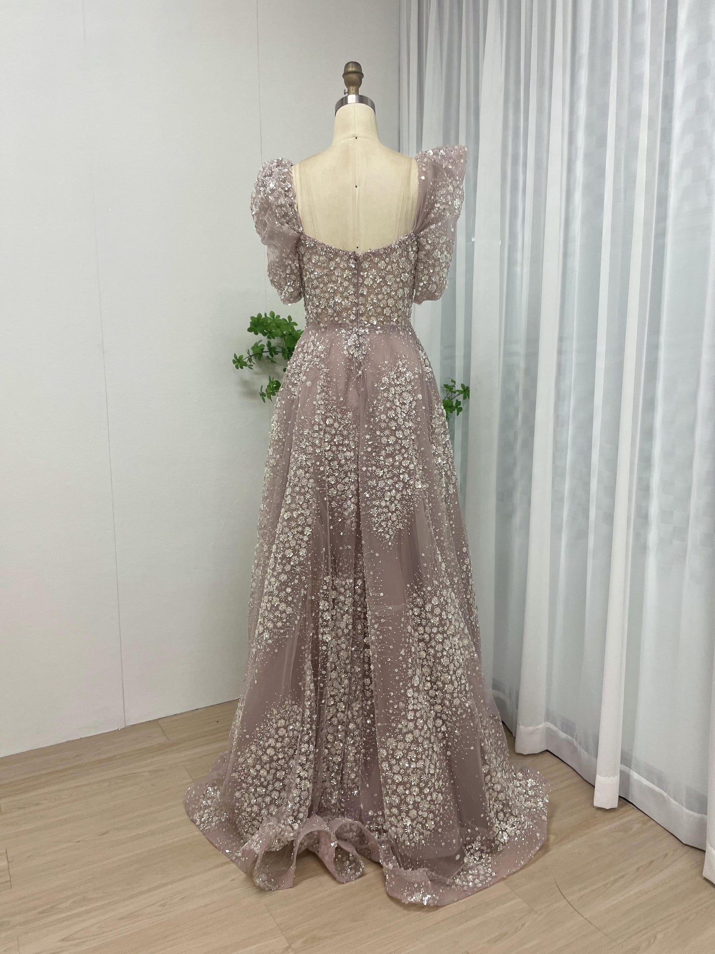 Dramatic Beading Lace A Line Puff Sleeve Evening Dress MB40184