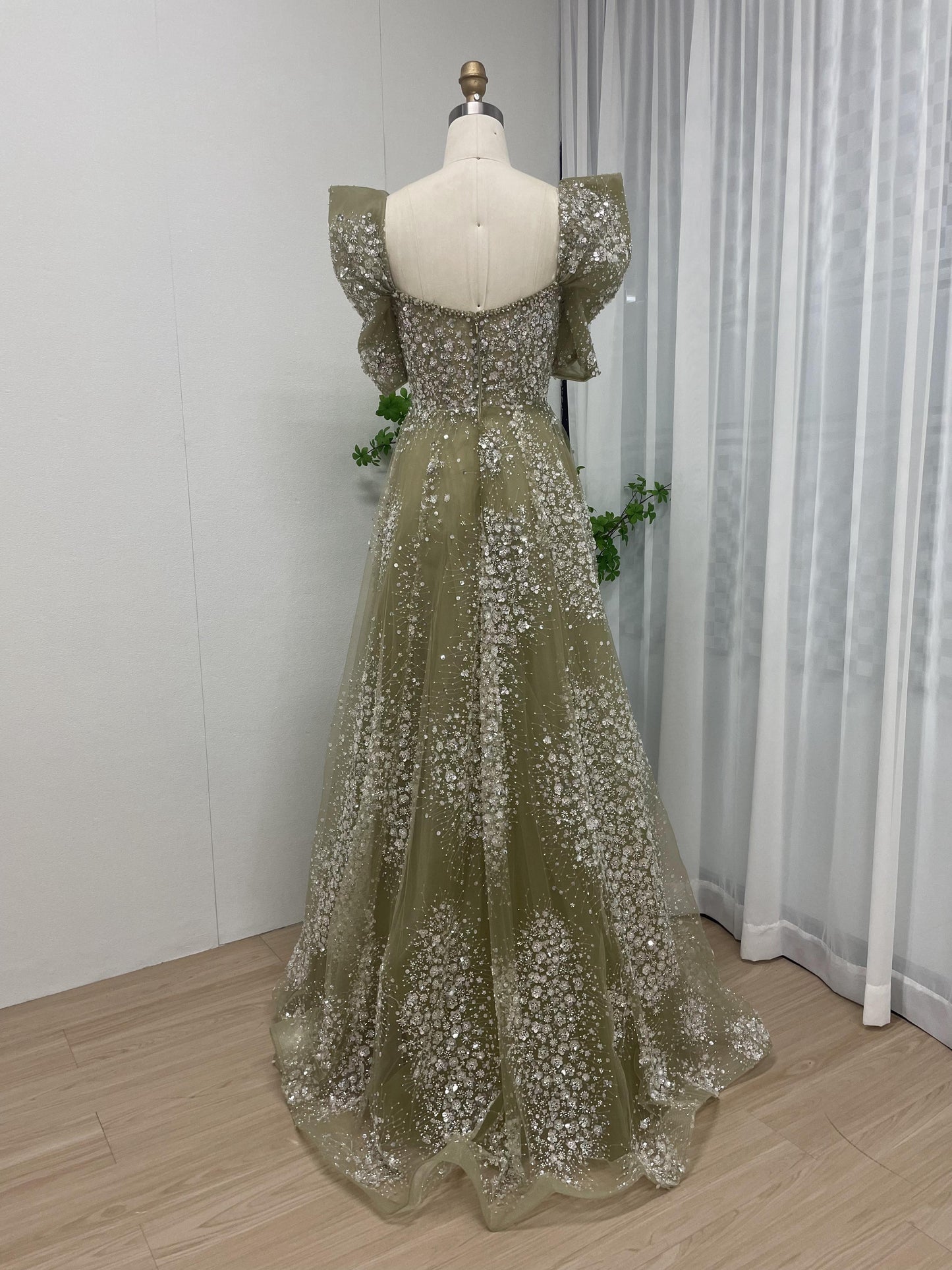 Dramatic Beading Lace A Line Puff Sleeve Evening Dress MB40184