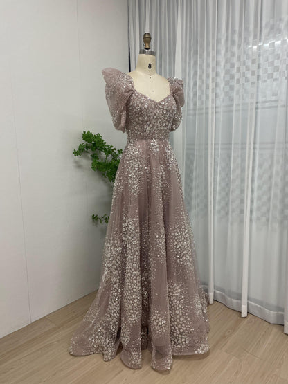 Dramatic Beading Lace A Line Puff Sleeve Evening Dress MB40184