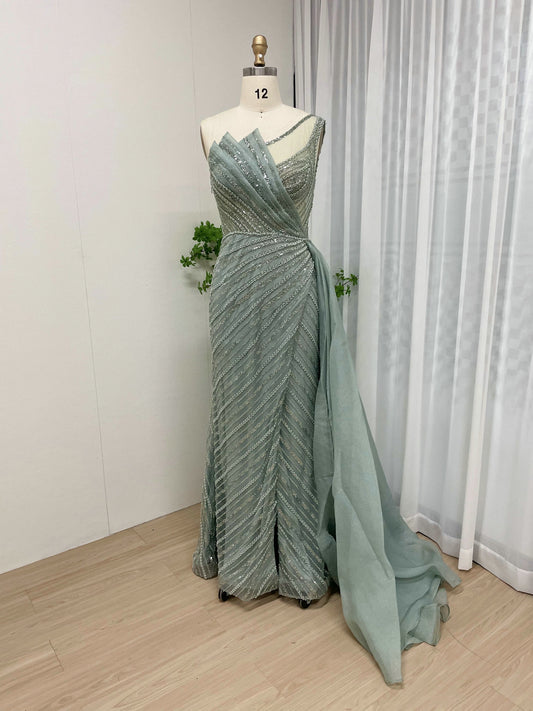 Luxurious One Shoulder Asymmetrical Mermaid Evening Gown Intricate Beading Lace Party Dress MB40185