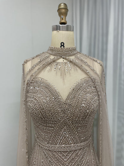 Elegant Couture Beading Shoulder Cape Long Sleeve Wedding Party Guest Formal Dress MB40186