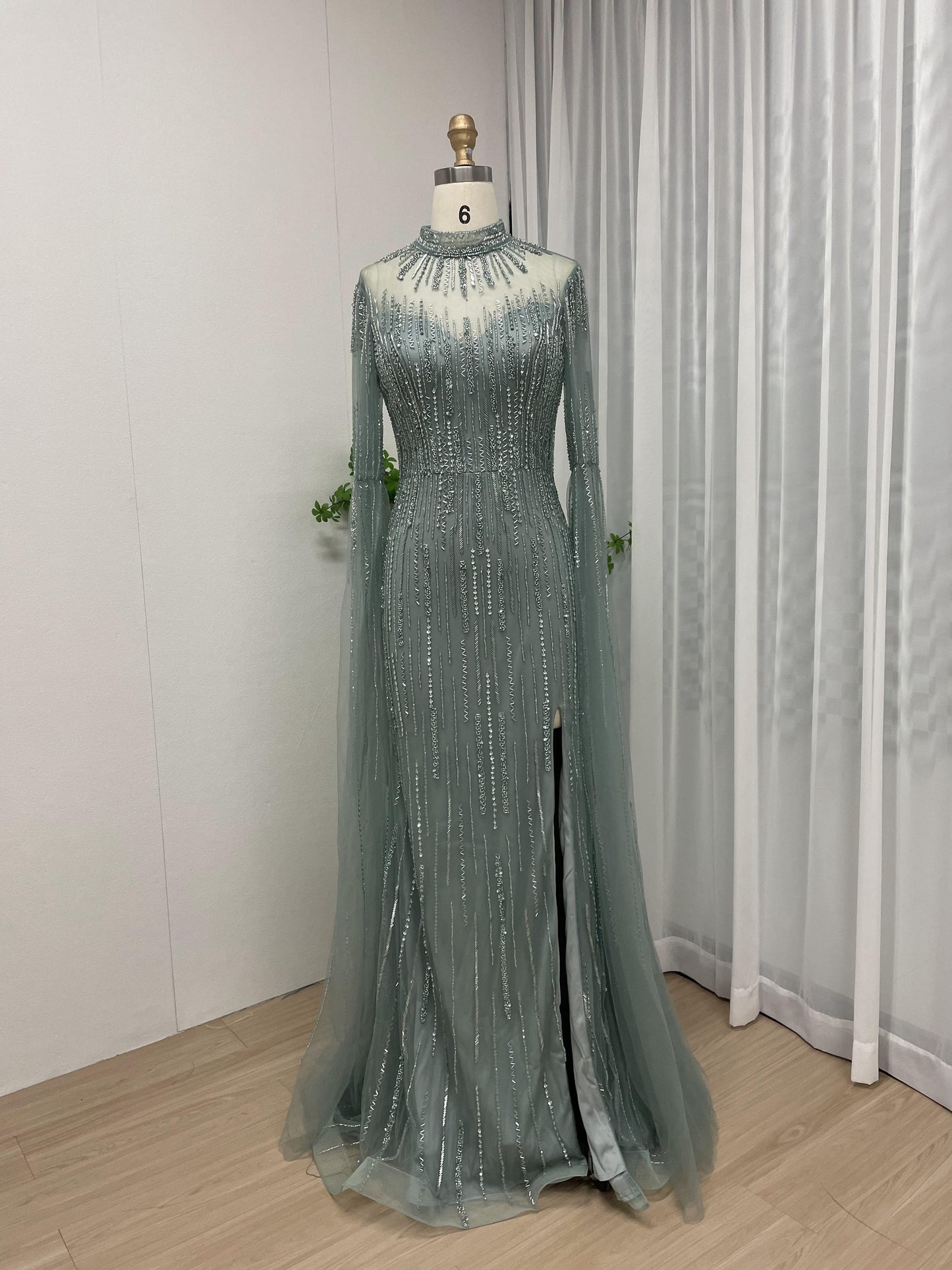 Magnificent High Neck Beading Fitted Formal Evening Gown With Cape Sleeve MB40187