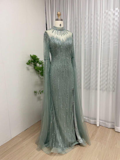 Magnificent High Neck Beading Fitted Formal Evening Gown With Cape Sleeve MB40187