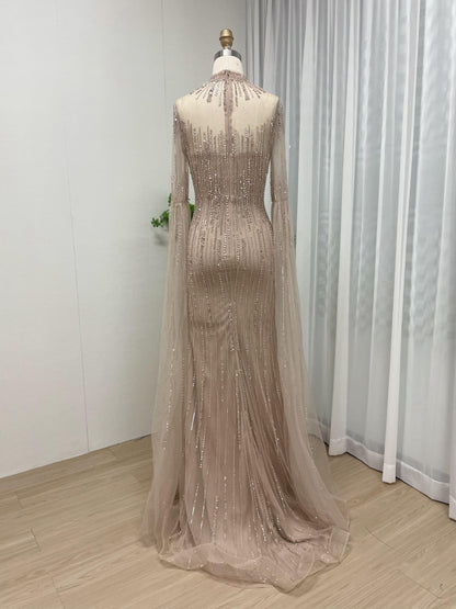 Magnificent High Neck Beading Fitted Formal Evening Gown With Cape Sleeve MB40187