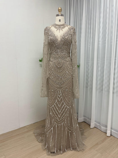 Graceful Handmade Beading Body Fitted Wedding Party Cape Sleeve Formal Gown MB40188