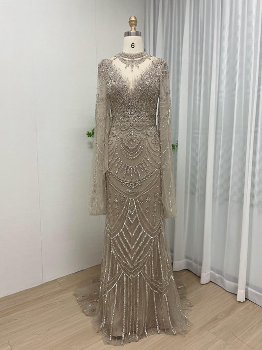 Graceful Handmade Beading Body Fitted Wedding Party Cape Sleeve Formal Gown MB40188