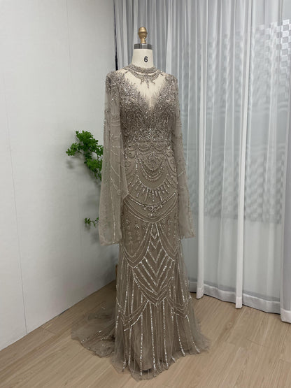 Graceful Handmade Beading Body Fitted Wedding Party Cape Sleeve Formal Gown MB40188