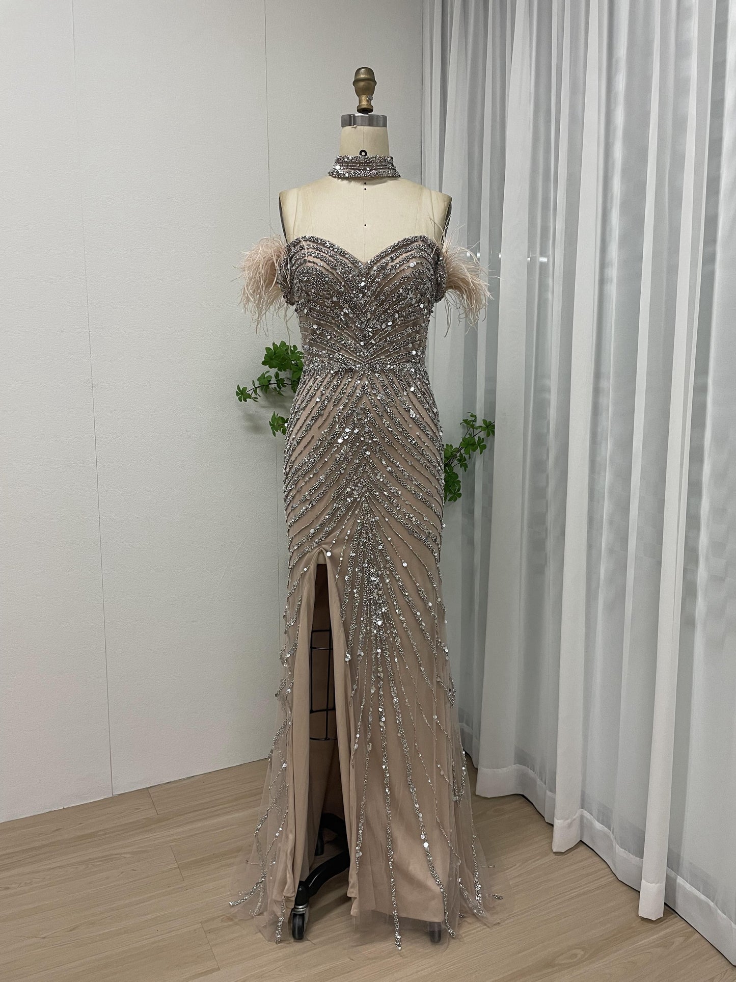 Off Shoulder Feather Embellished Beading Couture Birthday Party Evening Dress MB40190