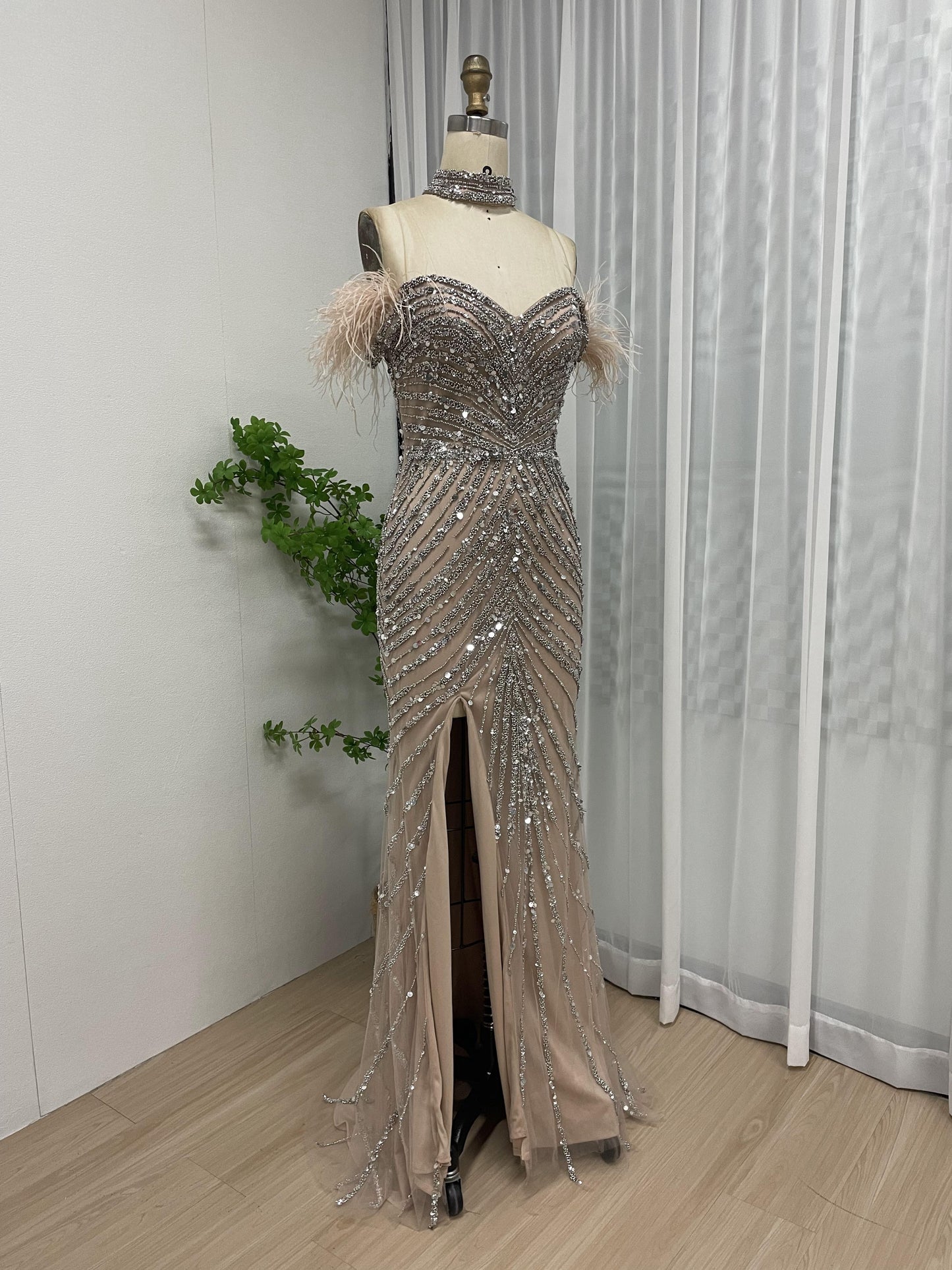 Off Shoulder Feather Embellished Beading Couture Birthday Party Evening Dress MB40190