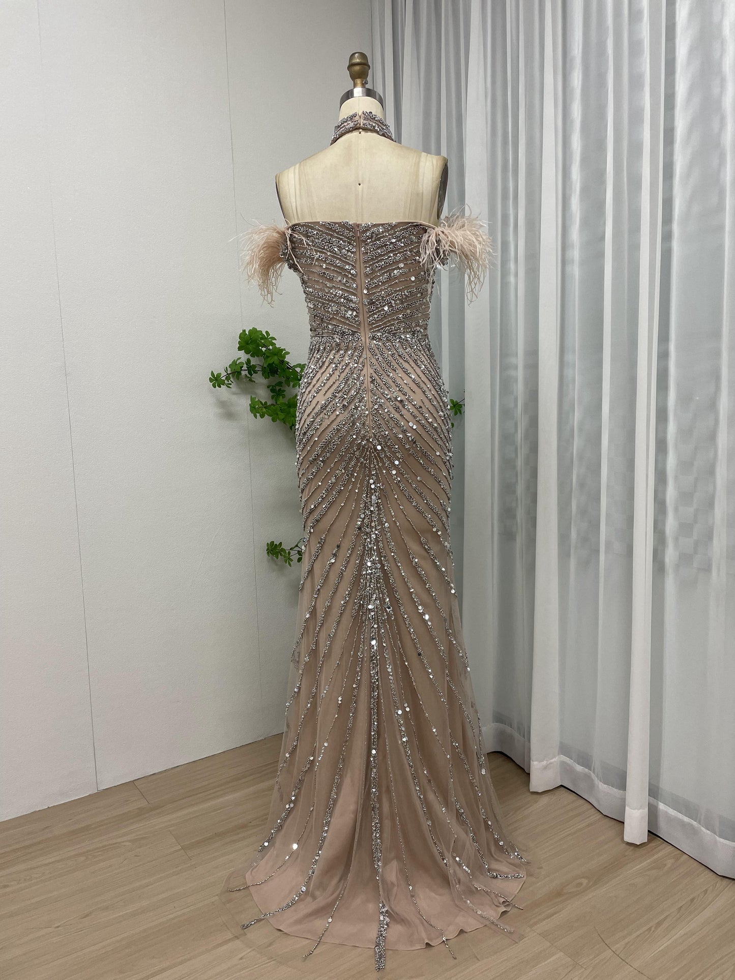 Off Shoulder Feather Embellished Beading Couture Birthday Party Evening Dress MB40190