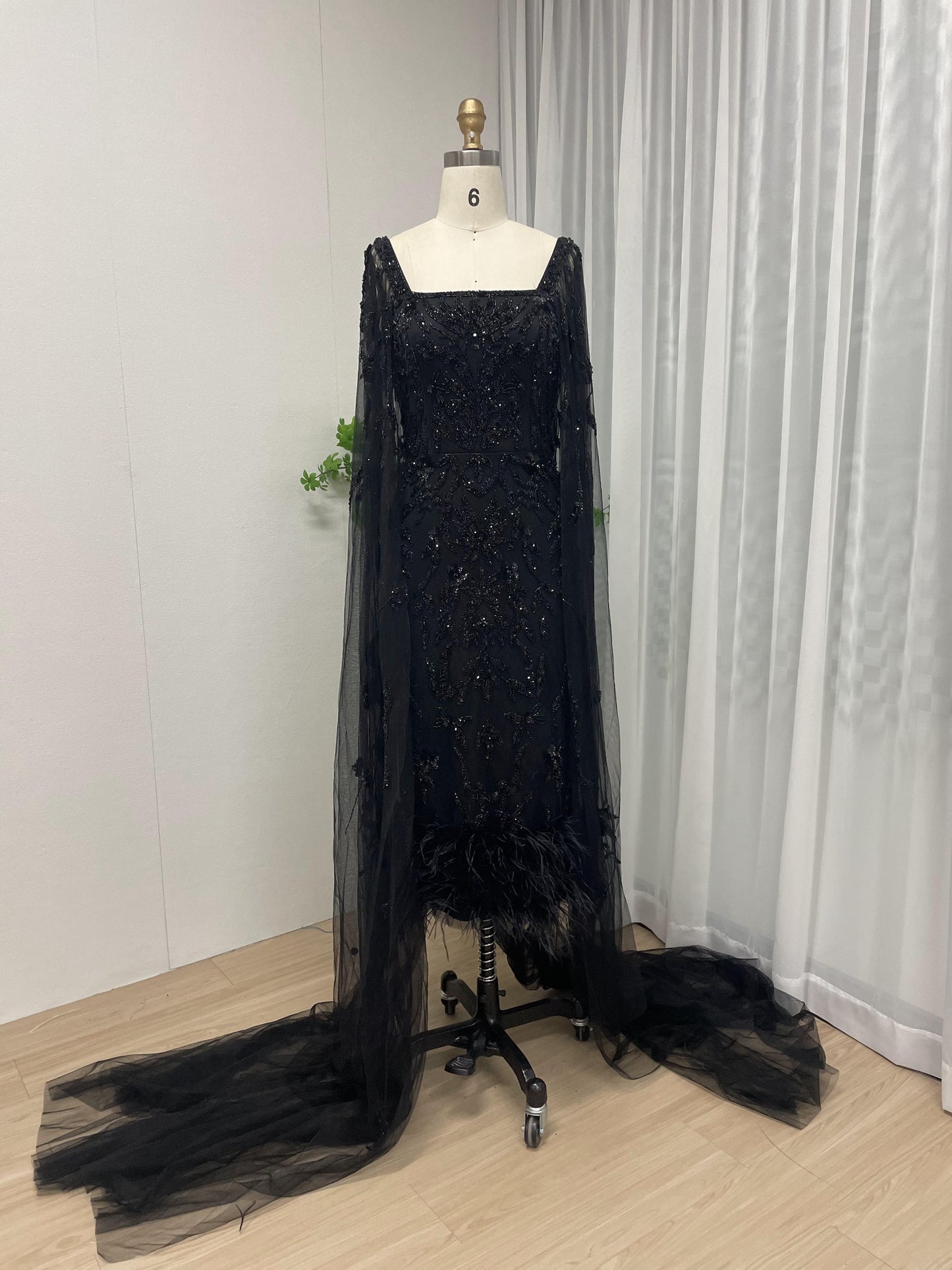 Luxury Handmade Beading Feather Bottom Cape Sleeve Midi Evening Party Dress MB40191