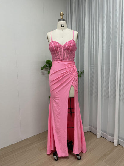 Sexy Top Beading High Split Satin Birthday Party Prom Dress MB40193