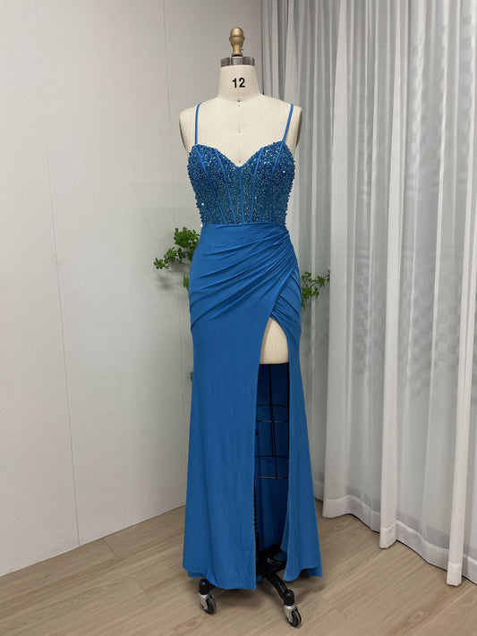 Sexy Top Beading High Split Satin Birthday Party Prom Dress MB40193