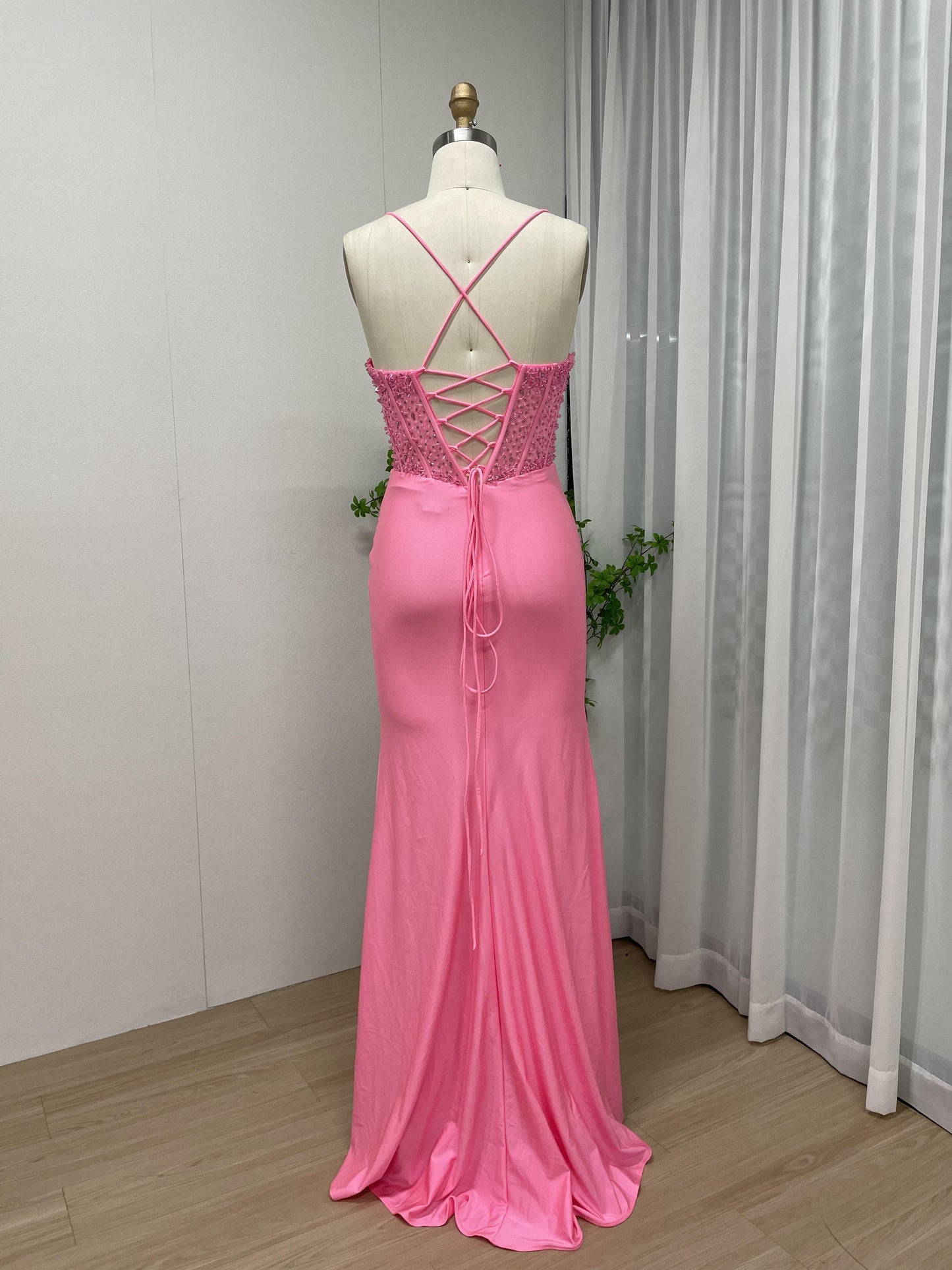 Sexy Top Beading High Split Satin Birthday Party Prom Dress MB40193