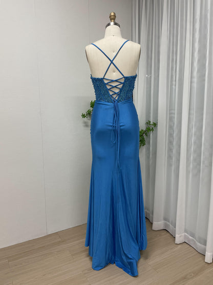 Sexy Top Beading High Split Satin Birthday Party Prom Dress MB40193